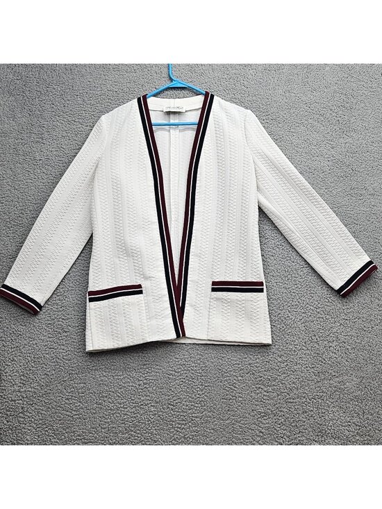 Butte Knit Jackets & Blazers - Butte Knit Womens White Textured Open Front Blazer Burgundy Navy Trim Size M